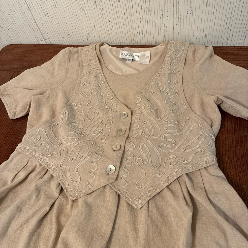 Vintage Plaza South Dress Women’s 10 Linen Blend Embellished Beaded 1995